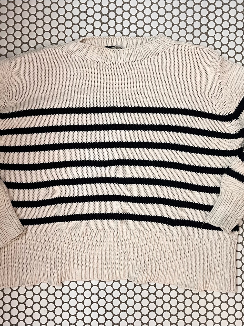 Zara Cream Crewneck Coastal Preppy Sweater with Navy Stripes